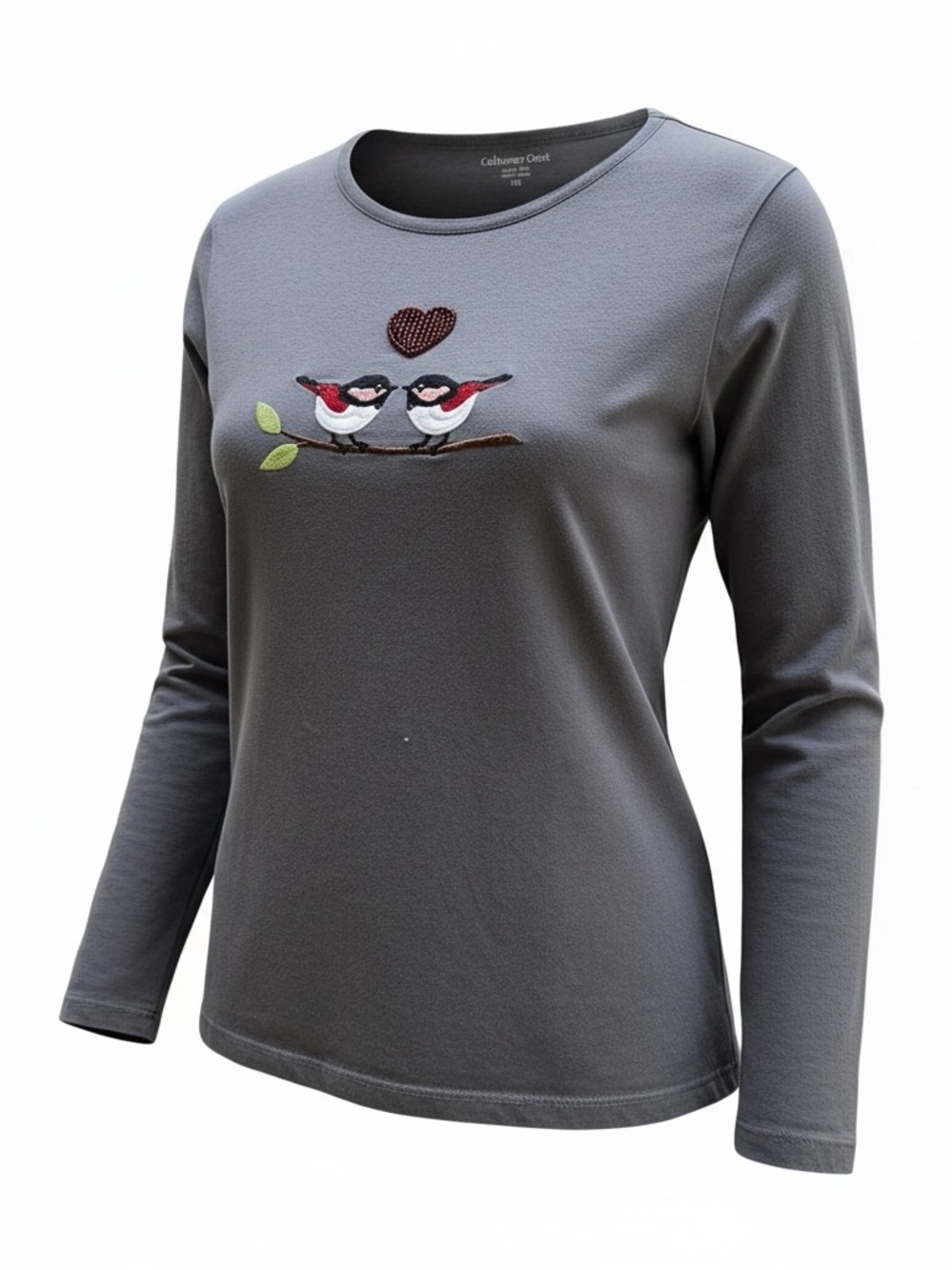 Coldwater Creek Gray Long-Sleeve Women’s Tee with Bird Appliqué - PM